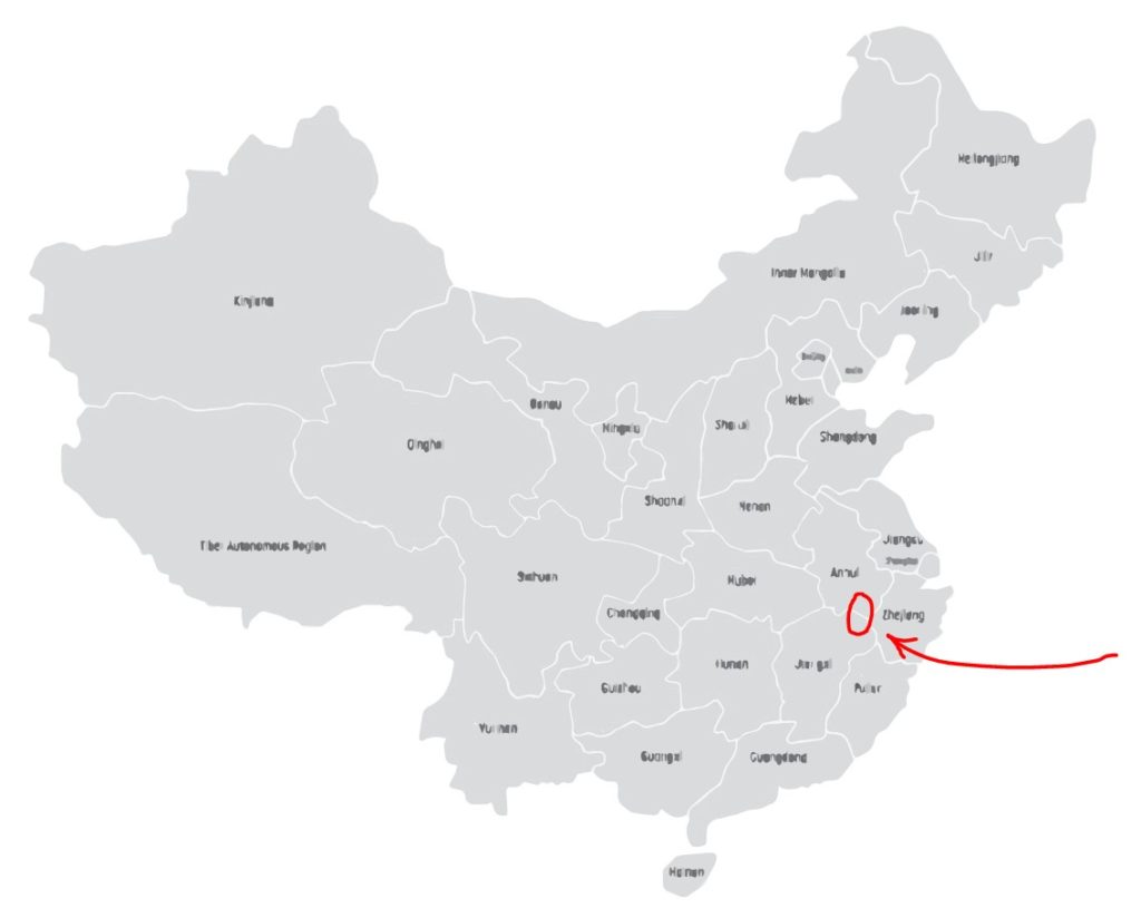 Chun Mee growing region map. Zhejiang, Anhui, and Jiangxi provinces.
